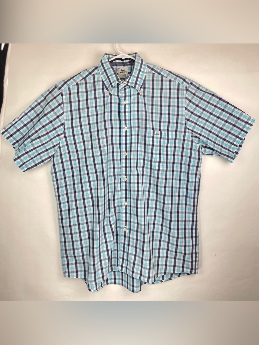 Lacoste Shirt Mens XL Blue Gingham Short Sleeve Oxford Button Down Preppy